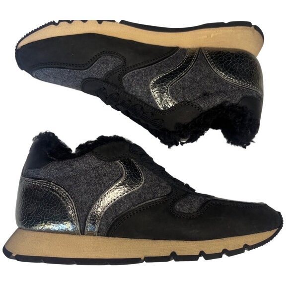Voile Blanche Julia Fur Sneakers Black Grey Metallic Calfskin Felt Size 37 6.5-7 - Picture 2 of 16
